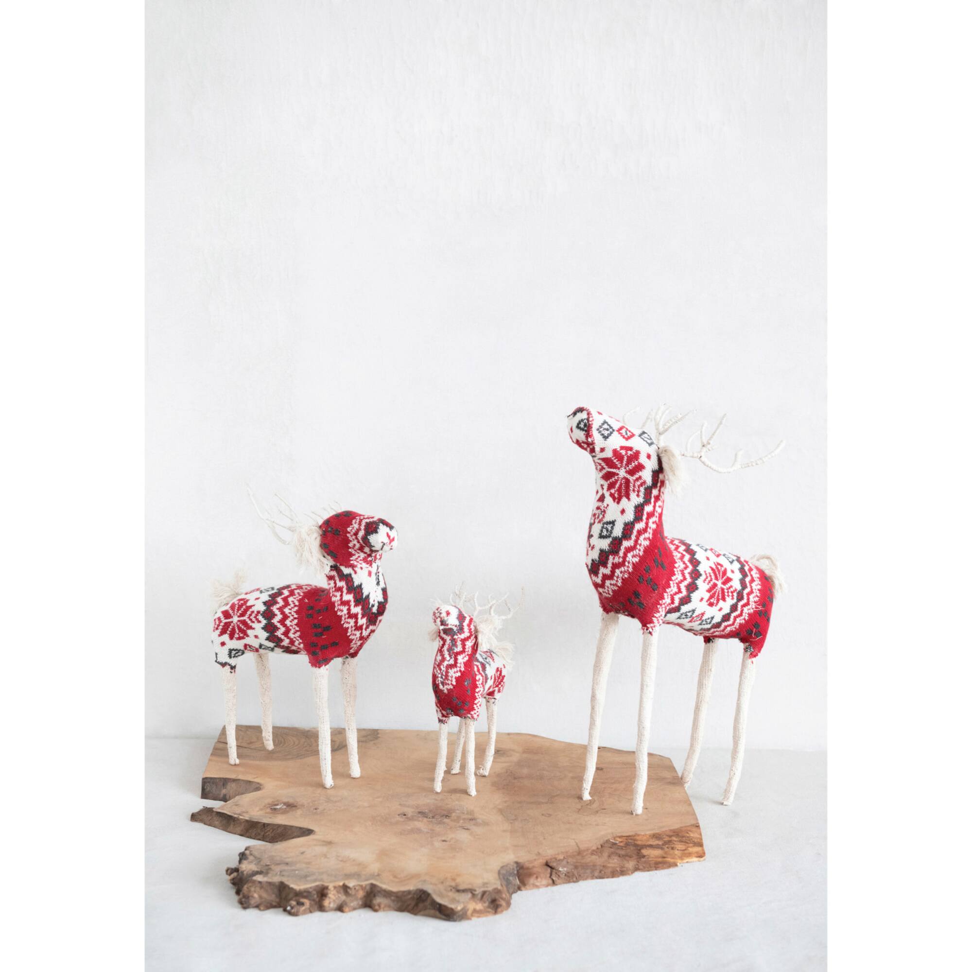 Hello Honey® 9" Red, Cream & Black Cotton Knit & Wire Reindeer with Faire Isle Pattern